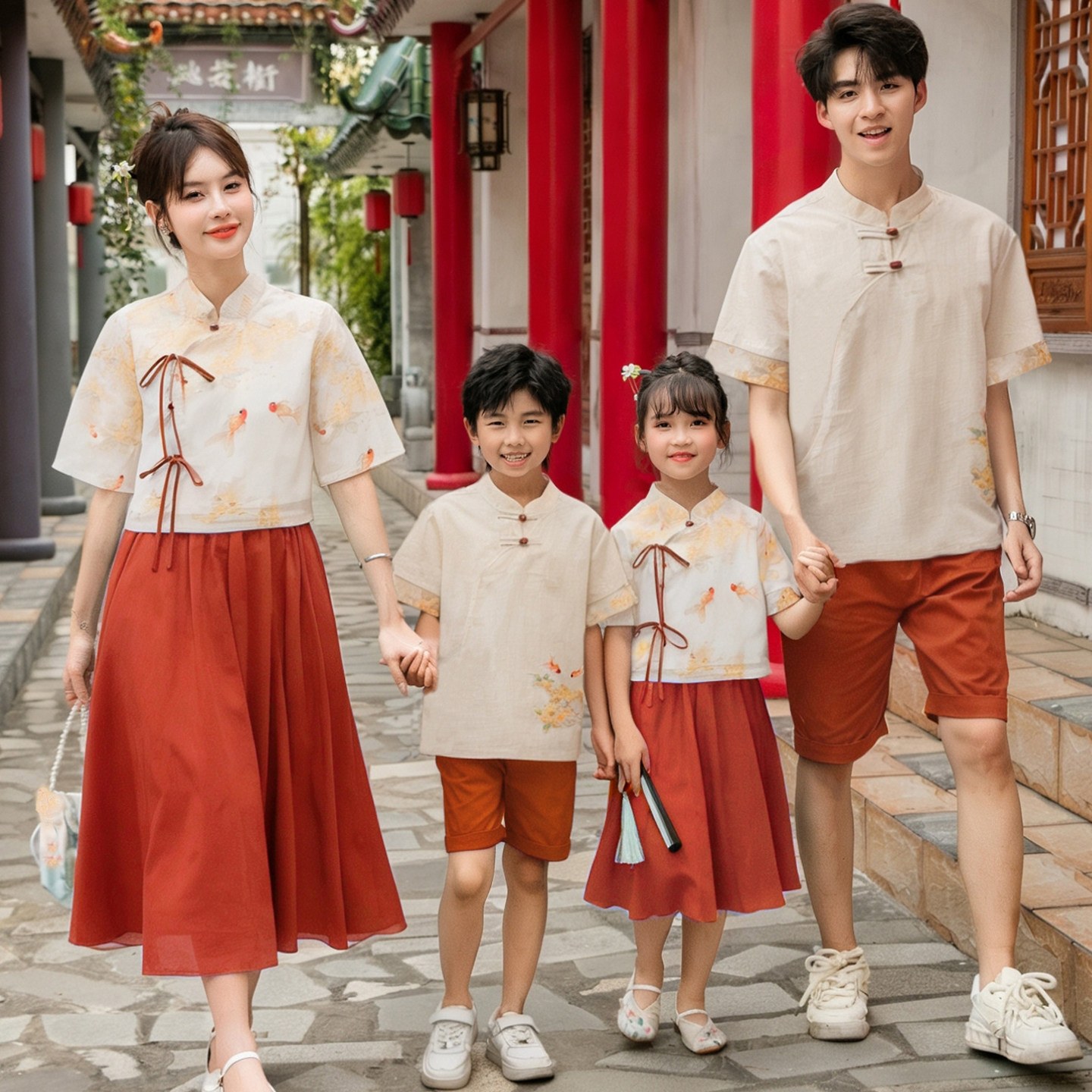 亲子装夏季一家三口全家装新中式国潮风汉服母女裙幼儿园表演园服