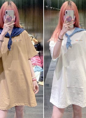 CHOCOOLATE女海军领连衣裙2025夏新品可爱活力印花T恤裙女1619