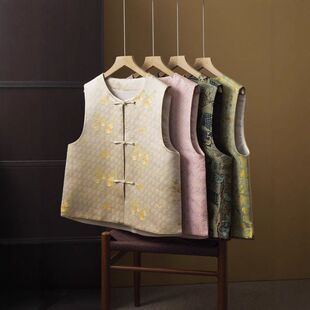 背心春 开衫 真丝宋锦新中式 国风盘扣马甲女100桑蚕丝外套无袖