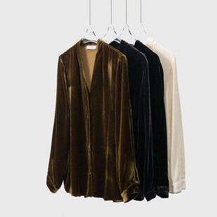 上衣女简约季 高端桑蚕丝真丝丝绒衬衫 优雅气质V领显瘦长袖