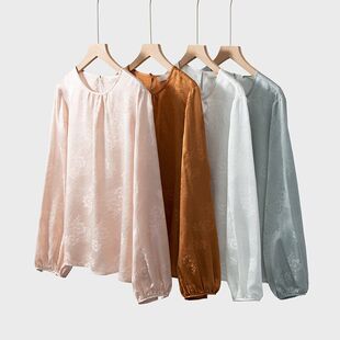 宽松夏新款 小衫 长袖 100桑蚕丝花罗多色真丝上衣女圆领灯笼袖