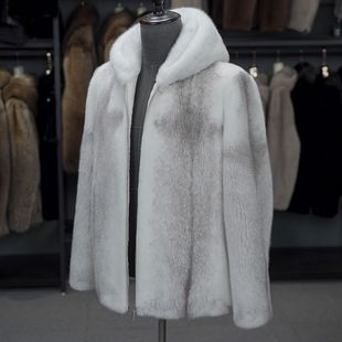 连帽皮草外套潮 仿水貂毛皮毛一体大衣十字貂时尚 冬季 貂皮外套男士