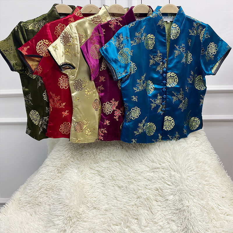 经典老货织锦缎手工盘扣休闲显瘦立领印花唐装上衣短袖