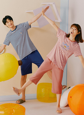 纯棉短袖短裤家居服夏季纯棉透气条纹印花男女睡衣套装82216
