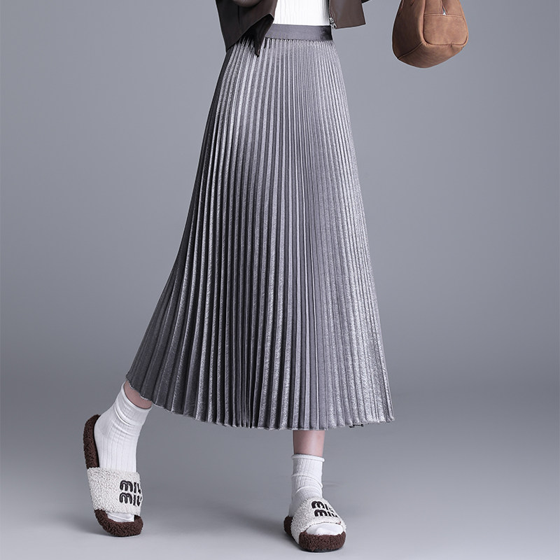 醋酸缎面半身裙春夏长裙女气质流光风琴百褶裙百搭垂感A字大摆裙