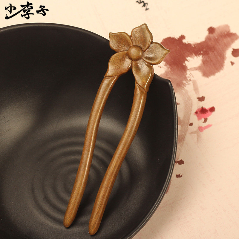 小李子正品手工制作绿檀木发簪子花朵双钗古典木钗子盘发饰品木簪