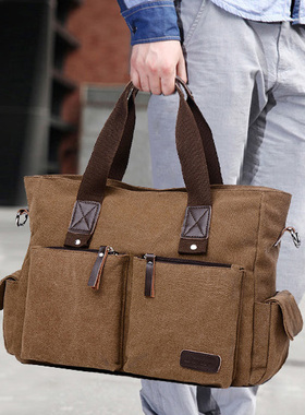 商务手提公文包横款潮男士电脑背包斜跨男包帆布包休闲单肩斜挎包