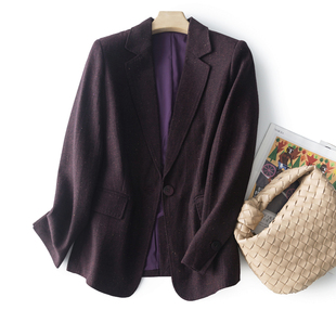 高阶亚麻质感！ 复古点子纱紫红色利落一粒扣羊毛西装外套女秋季