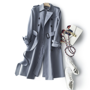 常青款 双排扣中长风衣外套女秋冬 气质雾霾蓝帅气肩章系带腰修身