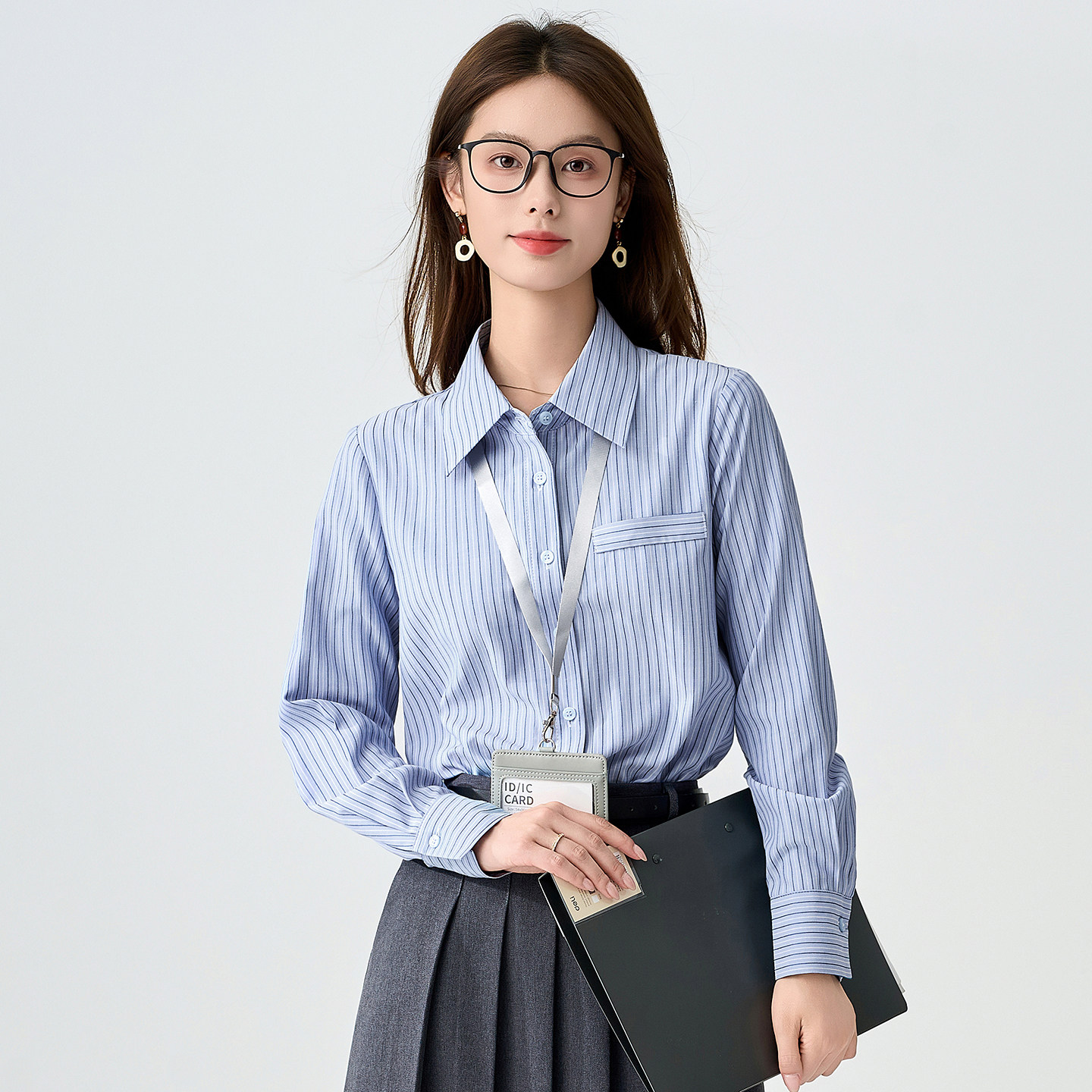 蓝色条纹棉衬衫女秋季内搭职业气质文艺范工作服长袖通勤宽松上衣,女装/女士精品,衬衫,淘宝优惠券,粉丝福利购,淘宝优惠卷