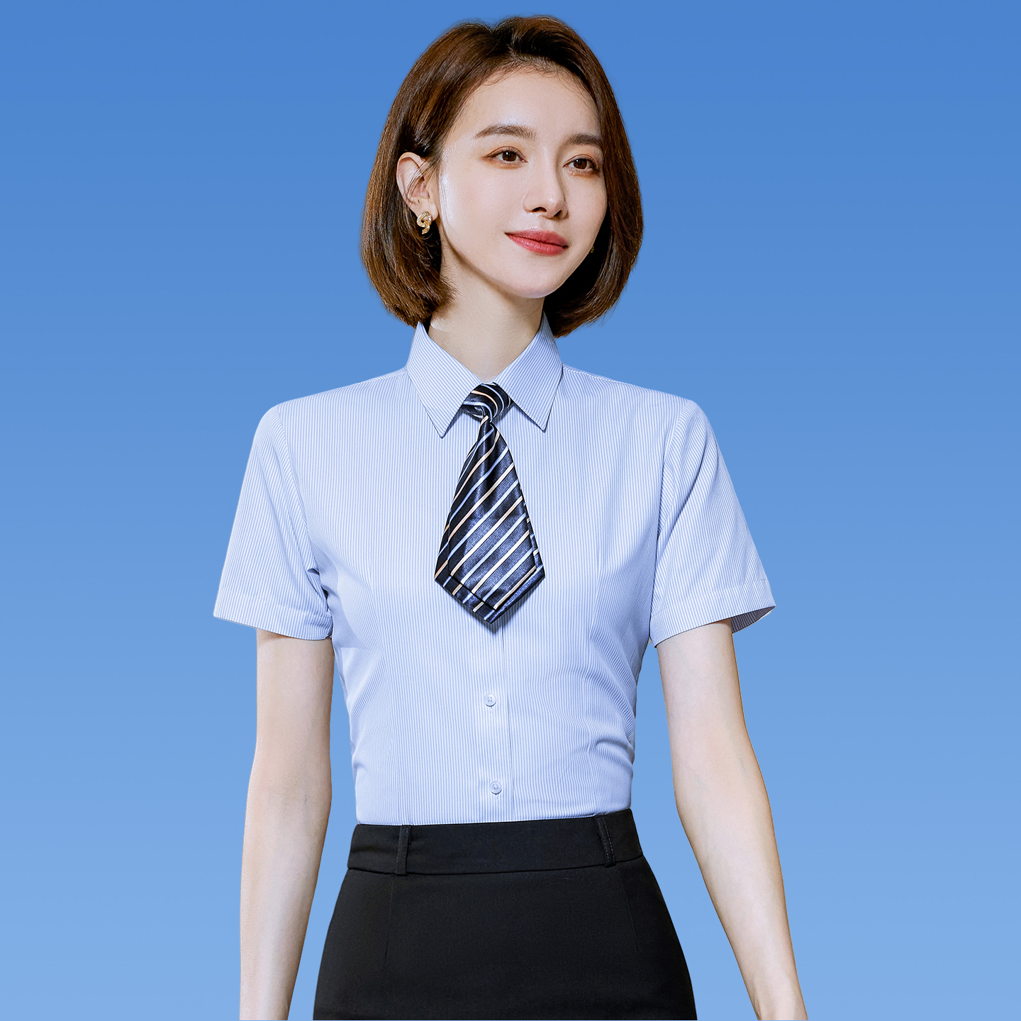 条纹棉衬衫夏短袖男女同款工作服