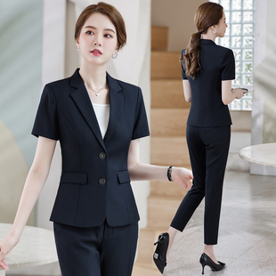 女短袖 藏青色西装 夏季 气质工作服公务员老师面试正装 薄款 职业套装
