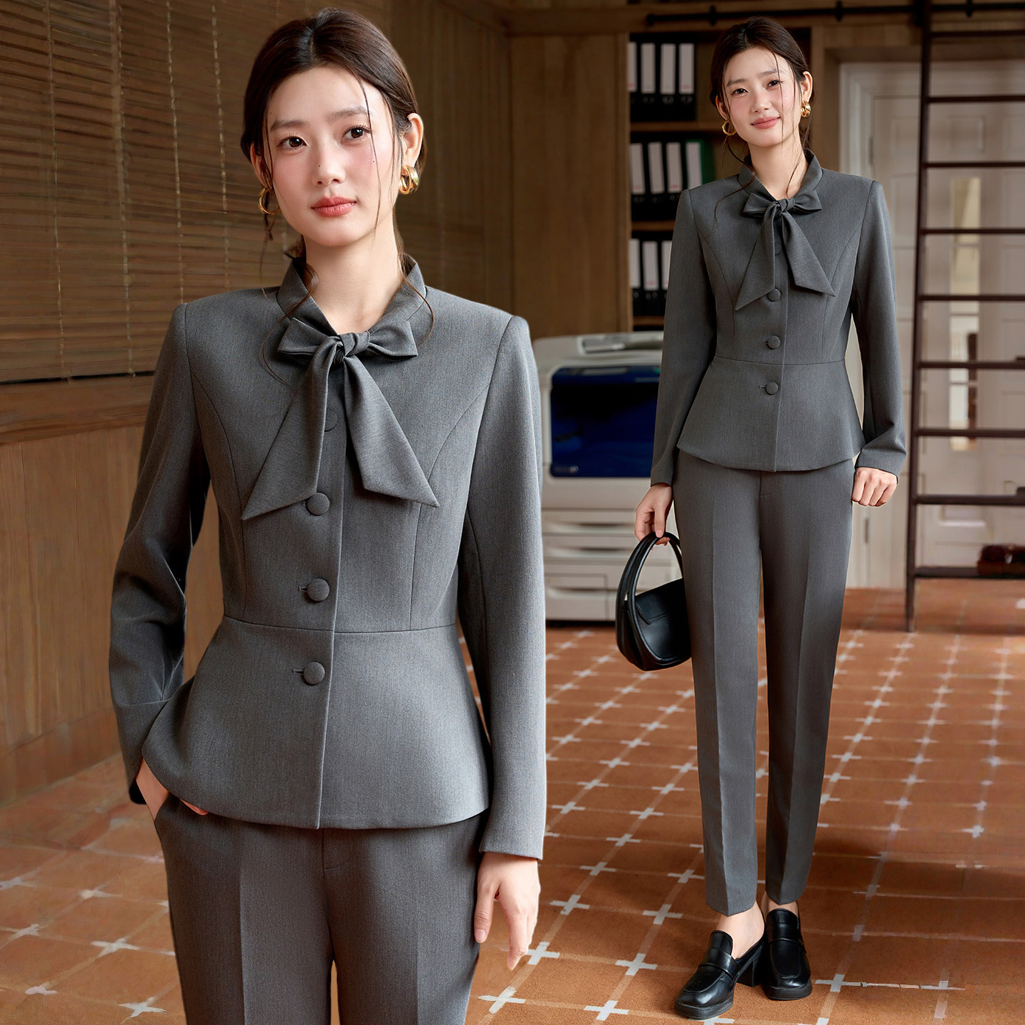 灰色西装套装女长袖蝴蝶结职业西服外套气质酒店珠宝店前台工作服