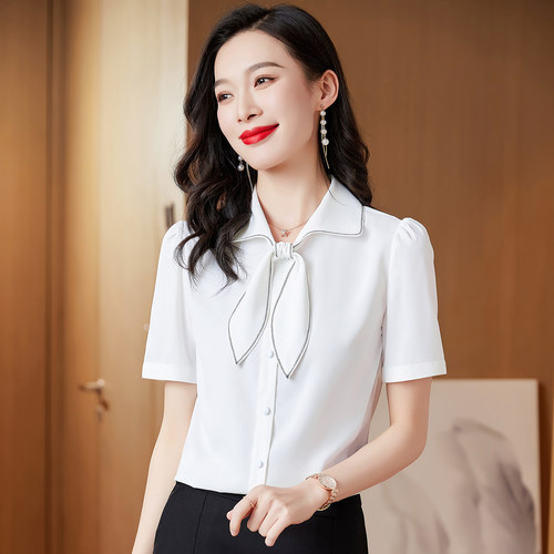 雪纺白衬衫女夏季短袖宽松蝴蝶结