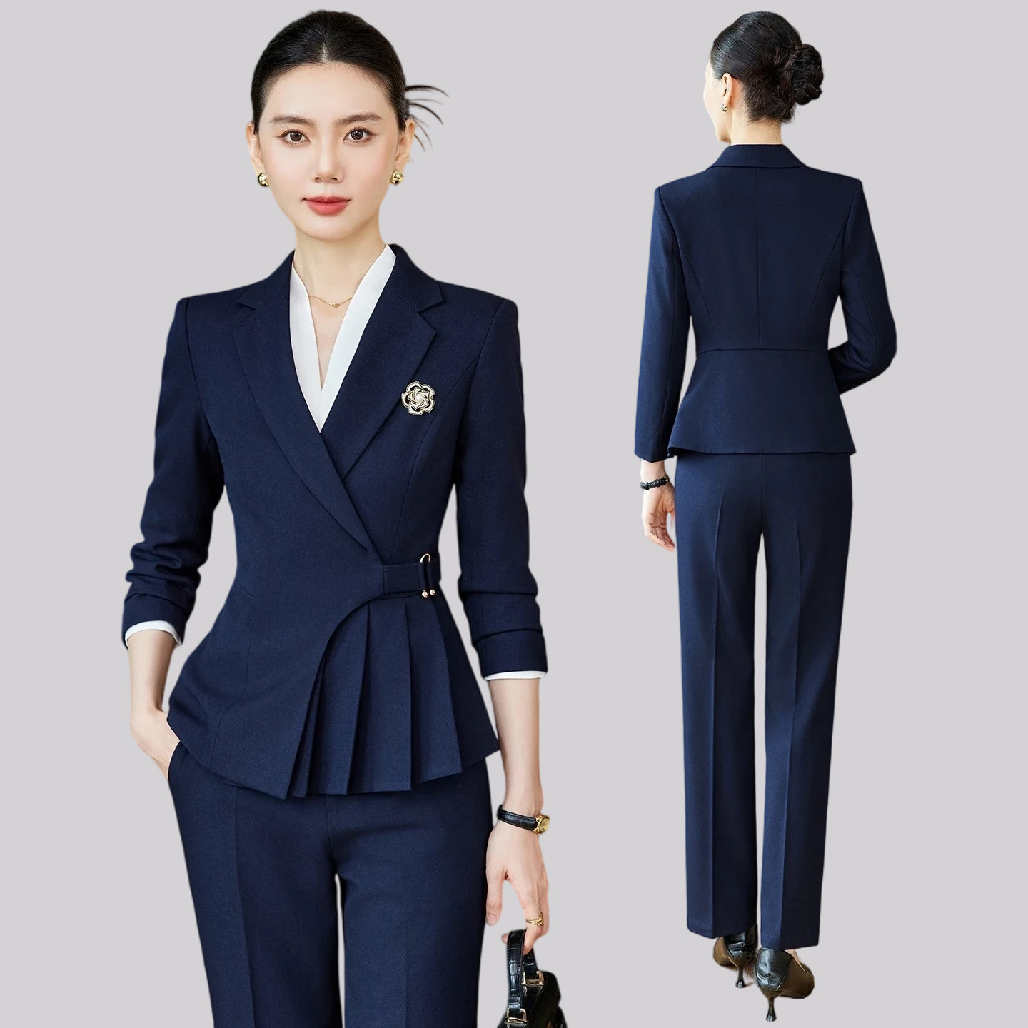 深蓝色西装套装女士长袖收腰职业气质正装酒店前台西服外套工作服