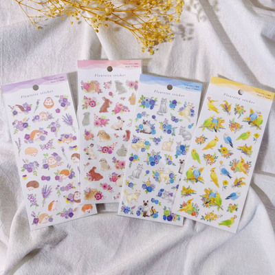 日本GAIA春季限定花卉与动物贴纸手帐素材刺猬猫咪兔子鹦鹉拼贴
