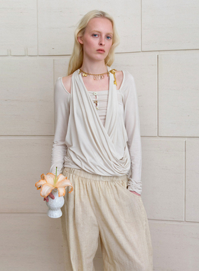 【现货】CELLO SONATA 26SS 春夏新款褶皱挂脖长袖上衣 DOUBLEBOO