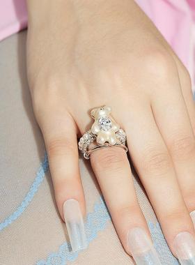 YVMIN尤目迷你小熊珍珠宝石戒指