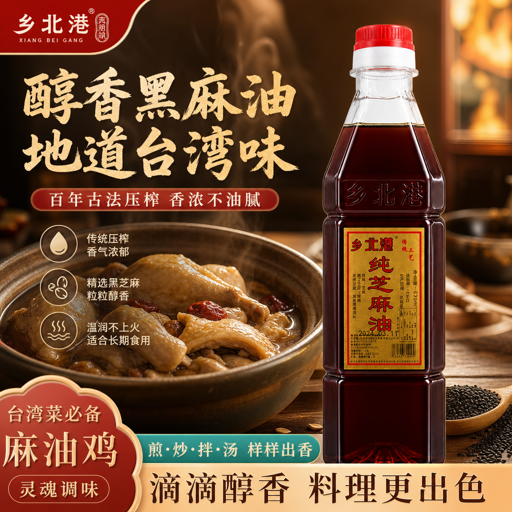 台湾风味乡北港黑麻油鲜胡麻芝麻油鸡纯正产后月子香油食用油冷榨