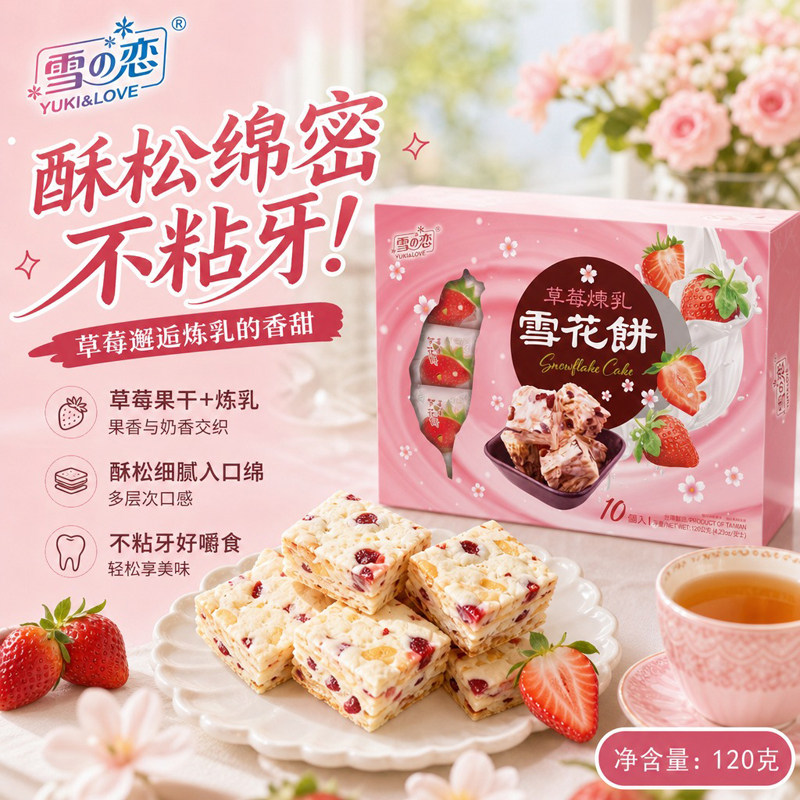 雪之恋草莓炼乳雪花饼盒装120g台湾牛轧雪花酥休闲网红零食点心