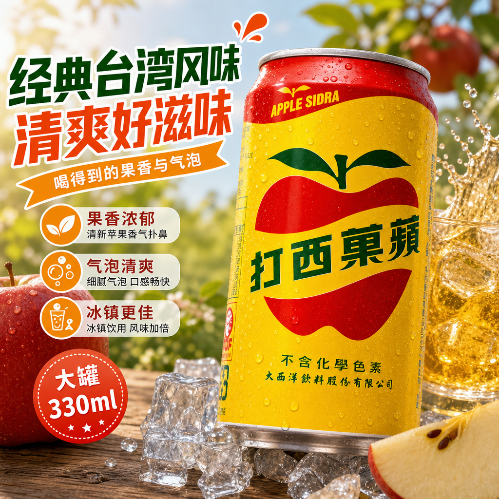 台湾原装进口饮料大西洋苹果西打苹果汁汽水饮料碳酸