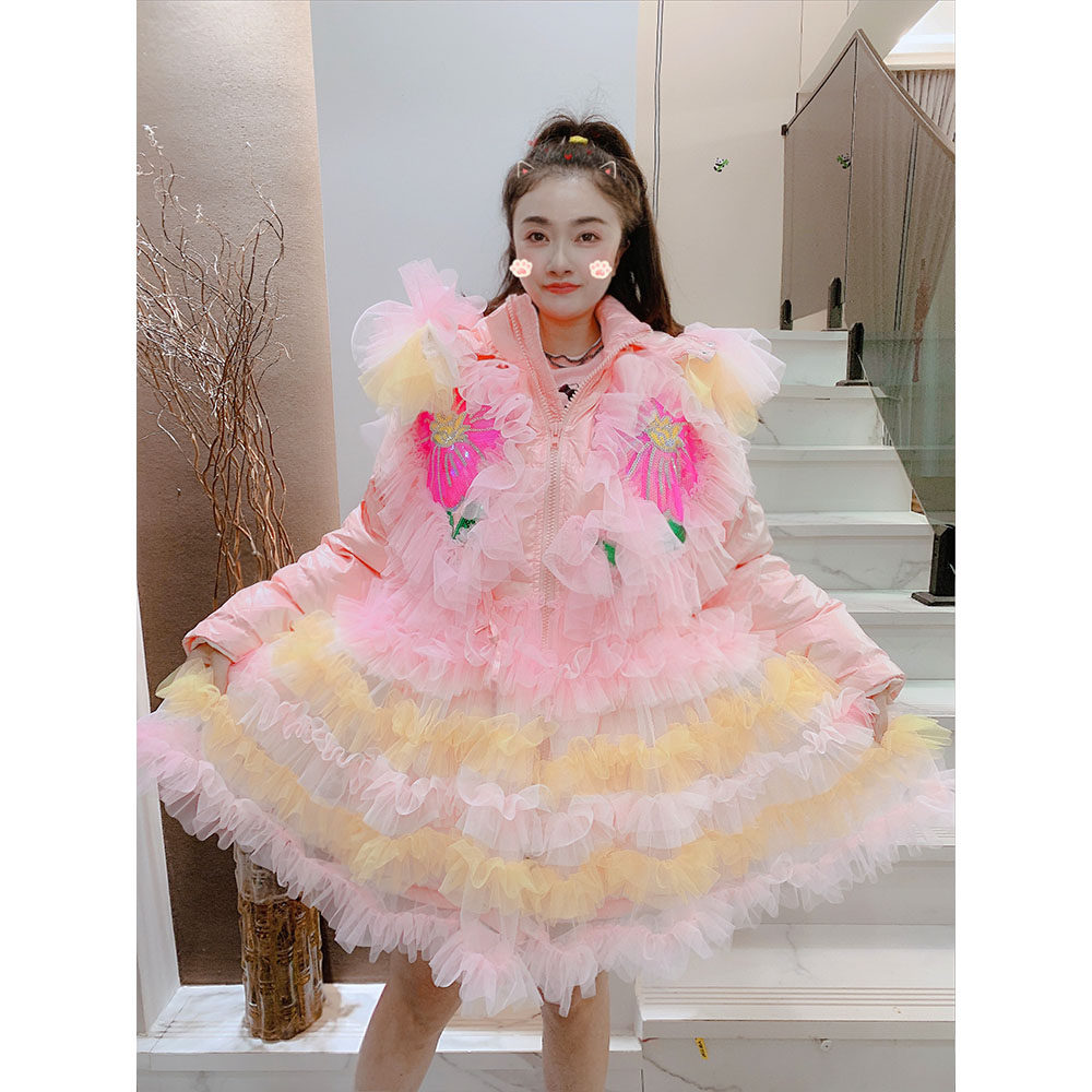 重工网纱拼接连帽鸭绒羽绒服外套