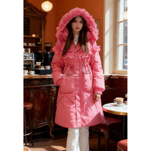 中长款羽绒服女冬新款重工欧货奢华水钻蕾丝荷叶边拼接鸭绒外套潮