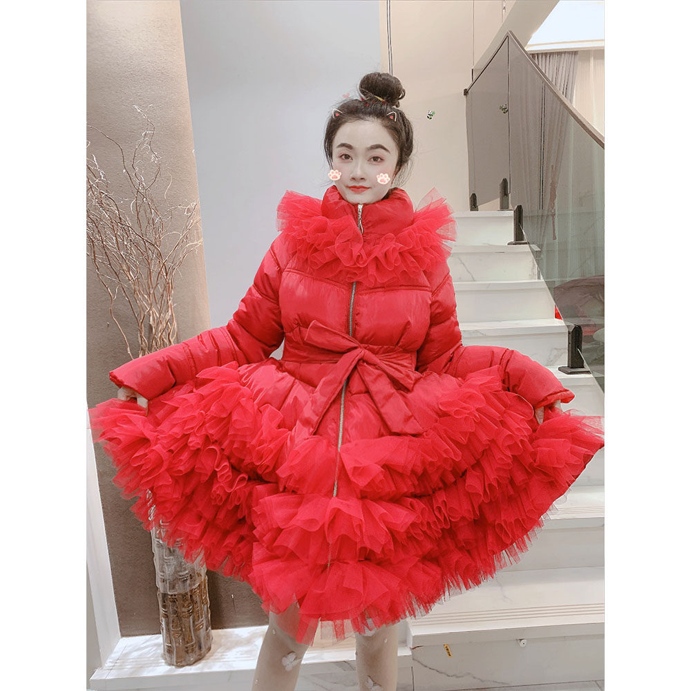 棉服外套女冬新款韩版甜美重工网纱拼接加厚保暖公主风洋气棉衣潮