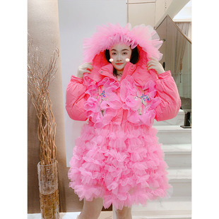 羽绒服女冬新款韩版甜美重工亮片云朵网纱拼接显瘦白鸭绒棉服外套