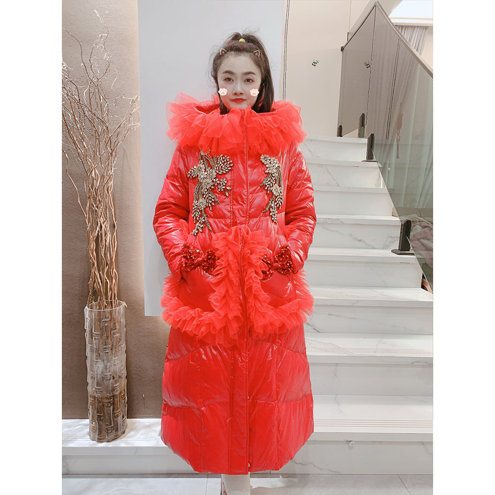羽绒服女冬新款韩版甜美重工奢华水钻连帽中长款加厚保暖鸭绒外套