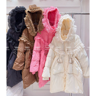 羽绒服女冬新款韩版甜美重工镶钻蕾丝荷叶边显瘦中长款鸭绒外套潮