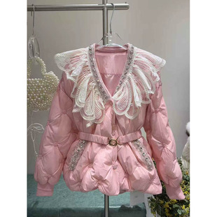 羽绒服女冬新款韩版甜美重工镶钻蕾丝娃娃领收腰显瘦白鸭绒外套潮
