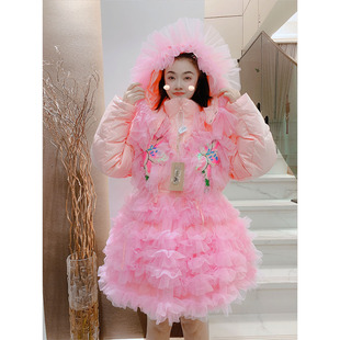 羽绒服女冬新款设计师款连帽云朵网纱拼接修身显瘦鸭绒保暖外套超