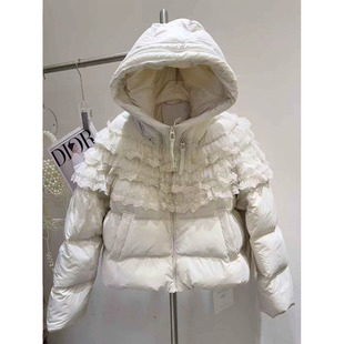 羽绒服女冬新款韩版甜美重工蕾丝荷叶边拼接连帽加厚保暖鸭绒外套