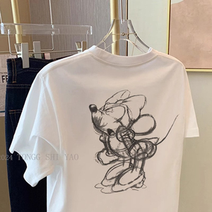 T0235-P25 S-XXXL夏装短袖T恤女 简约手绘卡通印花全棉T图片