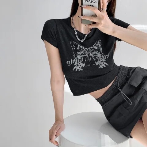 T00989-P35蝴蝶辣妹印花短袖t恤女夏季复古修身短款露脐正肩,女装T恤,星座617A-2
