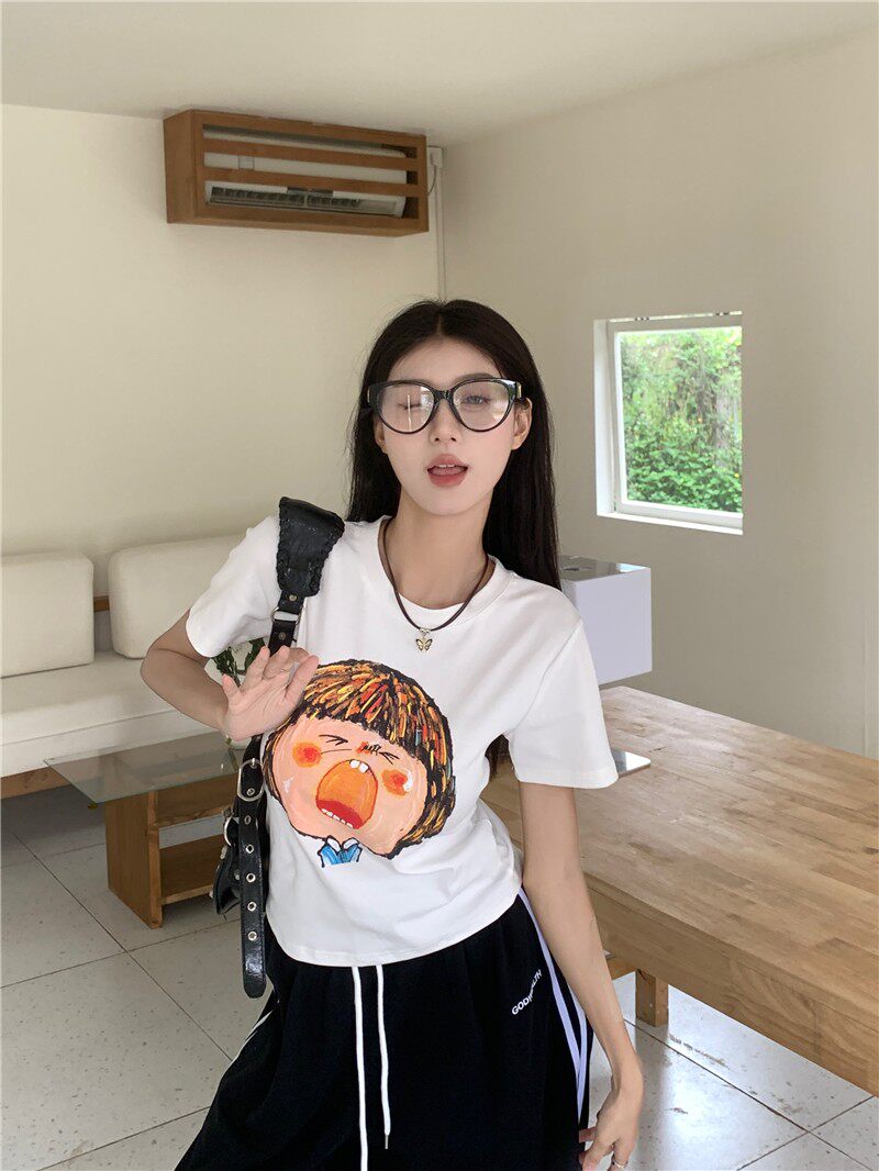 T0033-P35卡通印花短袖T恤女夏季修身显瘦短款白色百搭上衣ins,女装T恤,星座617A-2