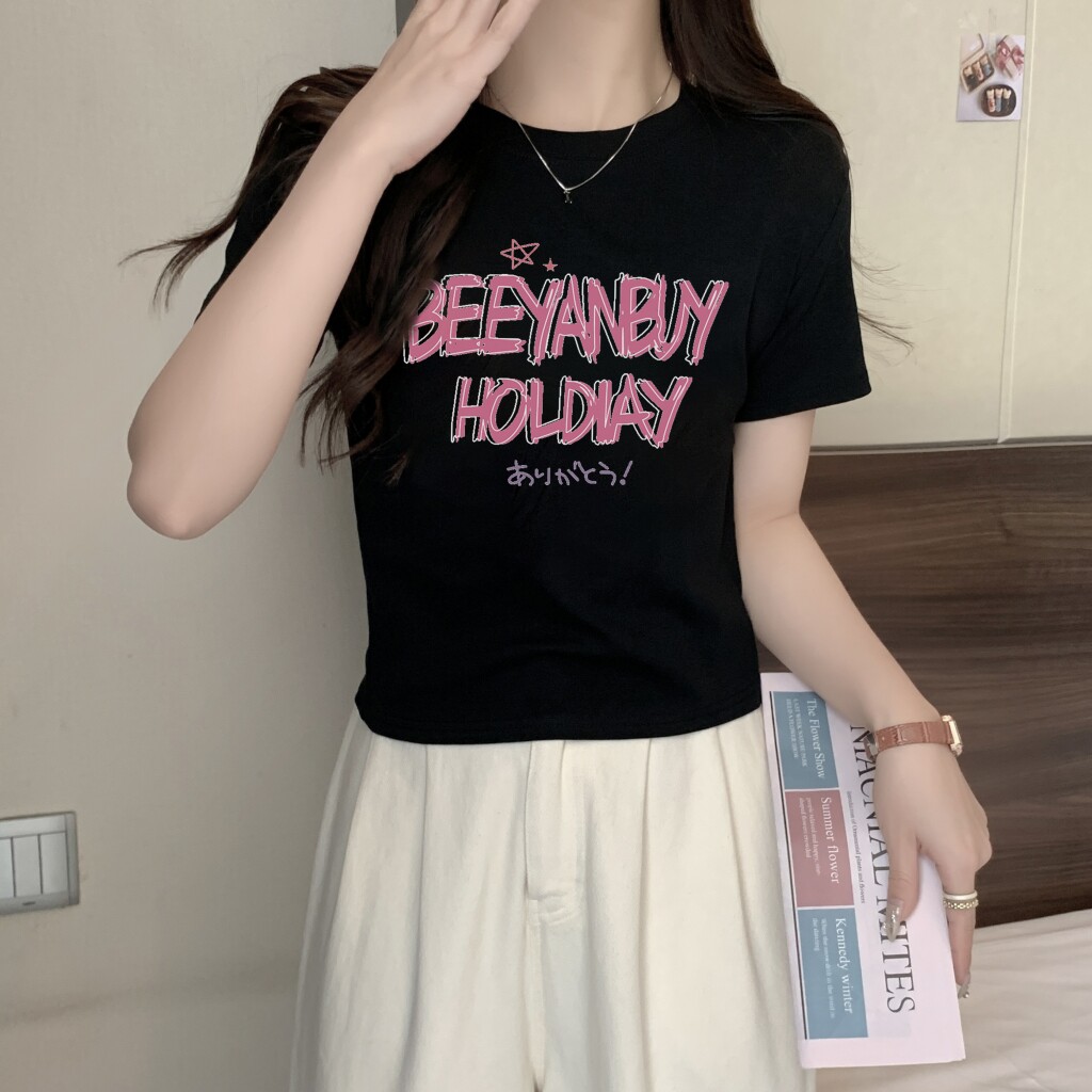 T0019-P35美式复古粉红字母印花纯棉T甜妹短款短袖T恤女修身,女装T恤,星座617A-2