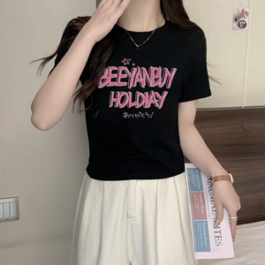 T0019-P35 美式复古粉红字母 印花纯棉T 甜妹短款短袖T恤女修身图片