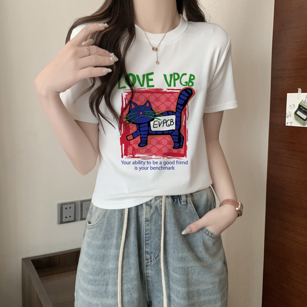 T0083-P35 辣妹风 短袖T恤女修身 趣味卡通黑猫印花T图片
