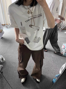 T0936-P25 美式复古设计感小众印花潮宽松纯棉短袖T恤男女上衣图片