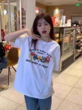 T0987-P25夏季花儿乐园趣味T恤女白色落肩袖潮撞色印花上衣…，女装T恤，星座617A-2