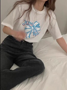 T0124-P25  纯棉卡通印花蝴蝶结减龄穿搭 春夏宽松印花短袖T恤图片