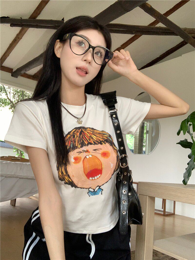 T0033-P35卡通印花短袖T恤女夏季修身显瘦短款白色百搭上衣ins,女装T恤,星座617A-2