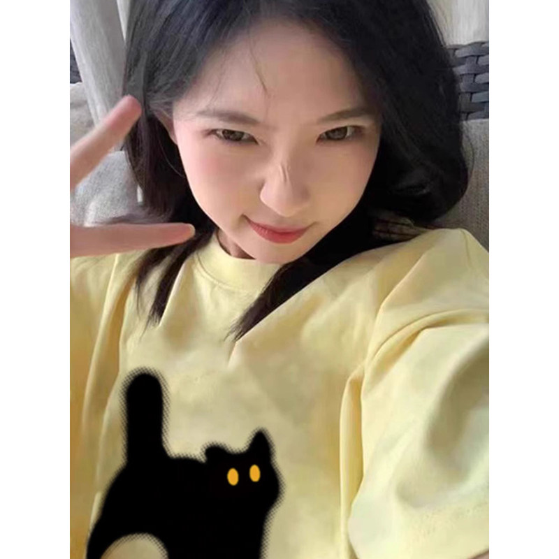 T03981-P25春夏新款纯棉短袖T恤潮可爱黑猫印花情侣款,女装T恤,星座617A-2