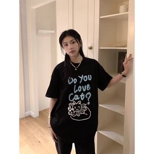 T0922-P25 慵懒风卡通猫咪印花短袖T恤图片