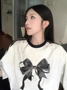 T0985-P25 抖音三杠条纹纯棉T恤 简约蝴蝶结印花T图片