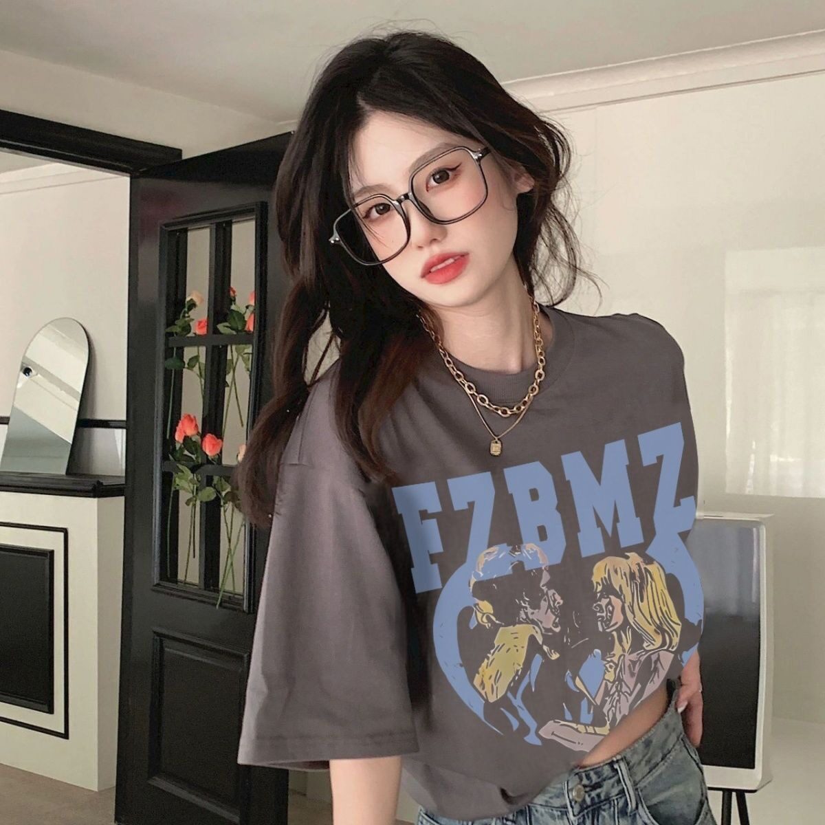 T0158-P25 100%纯棉短袖T恤宽松百搭美式潮牌男女同款休闲上衣图片