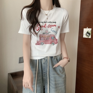 T0020-P35甜美少女短款可爱印花纯棉T短袖T恤女修身