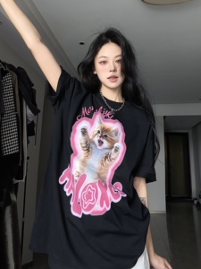 T0322-P25 日系卡通猫咪印花夏装短袖T恤 情侣宽松版图片